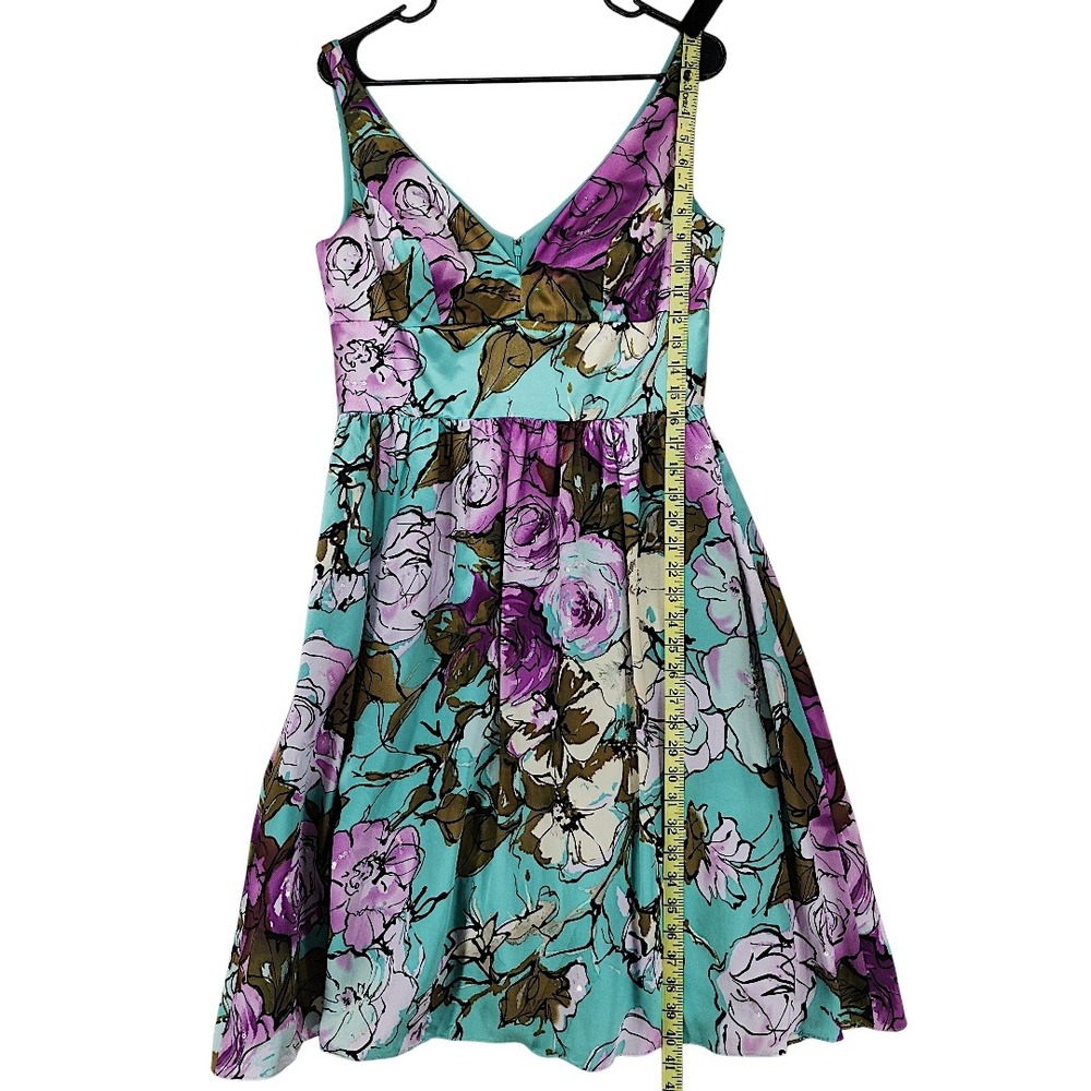 Adrianna Papell Silk Dress 10 Teal Purple Floral Fit Flare Cocktail Party Fairy - Picture 8 of 15